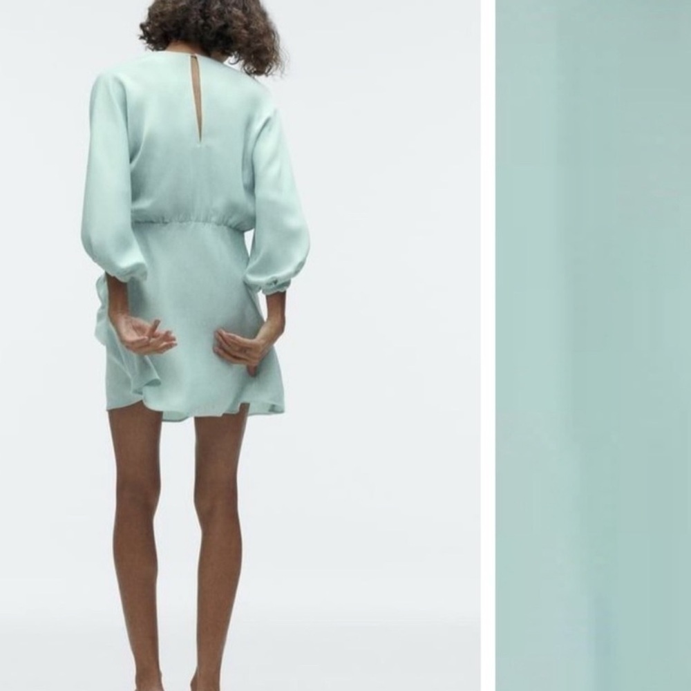 ZARA Blue Satin Wrap Mini Dress Balloon Long Sleeve Belted S - Picture 5 of 5